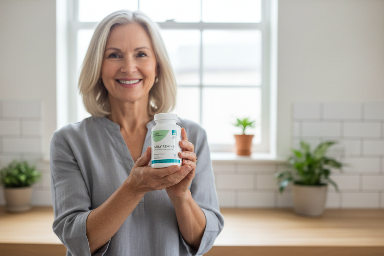 vrouw die supplement flesje vasthoudt, vrouw is 50 jaar oud